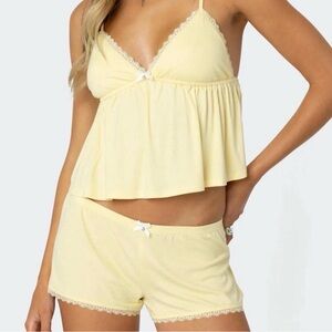 Edikted Light Yellow Lace Trim Pajama Set